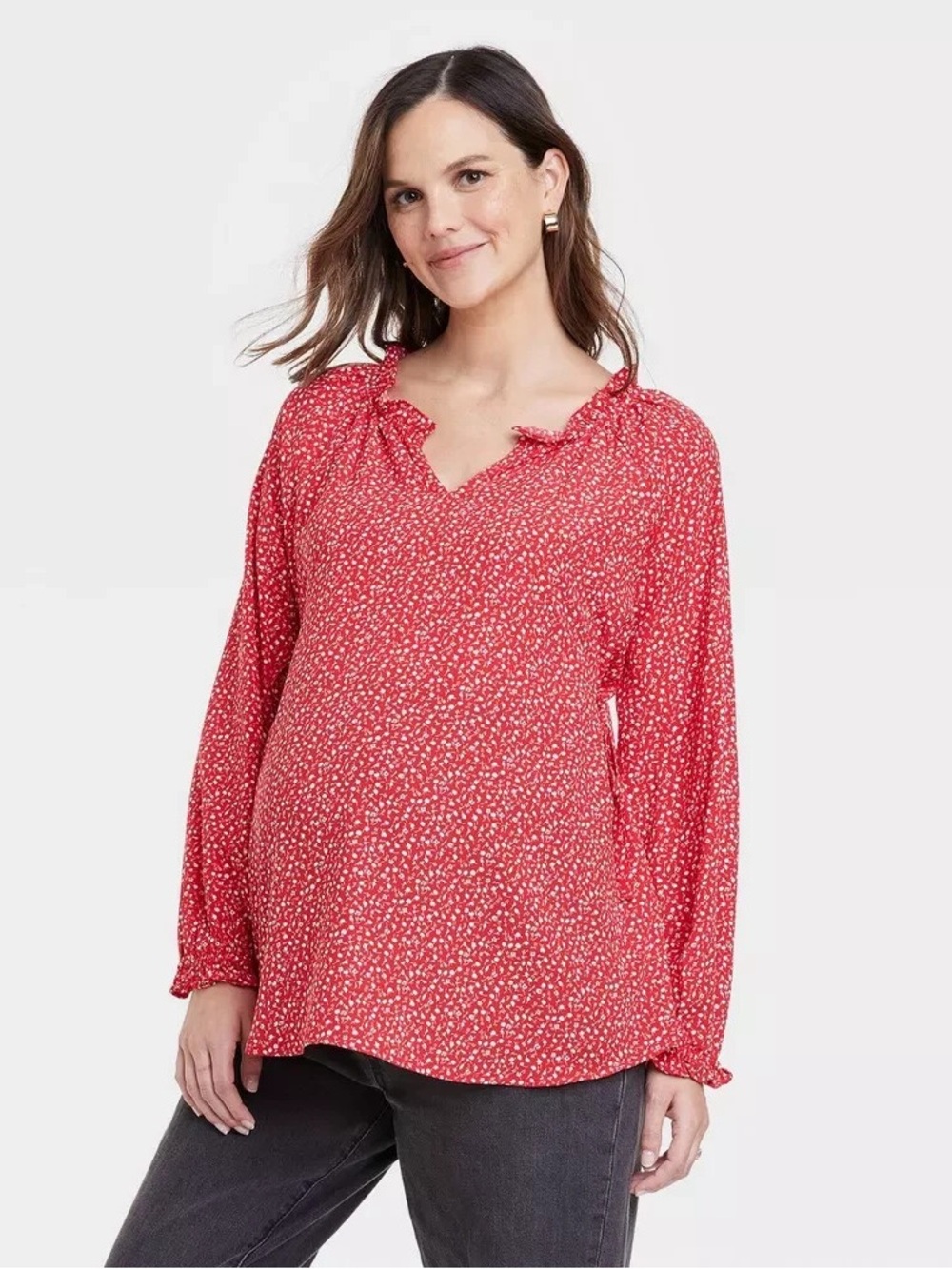 Isabel Maternity Ditsy Floral Long Sleeve Top Red - L